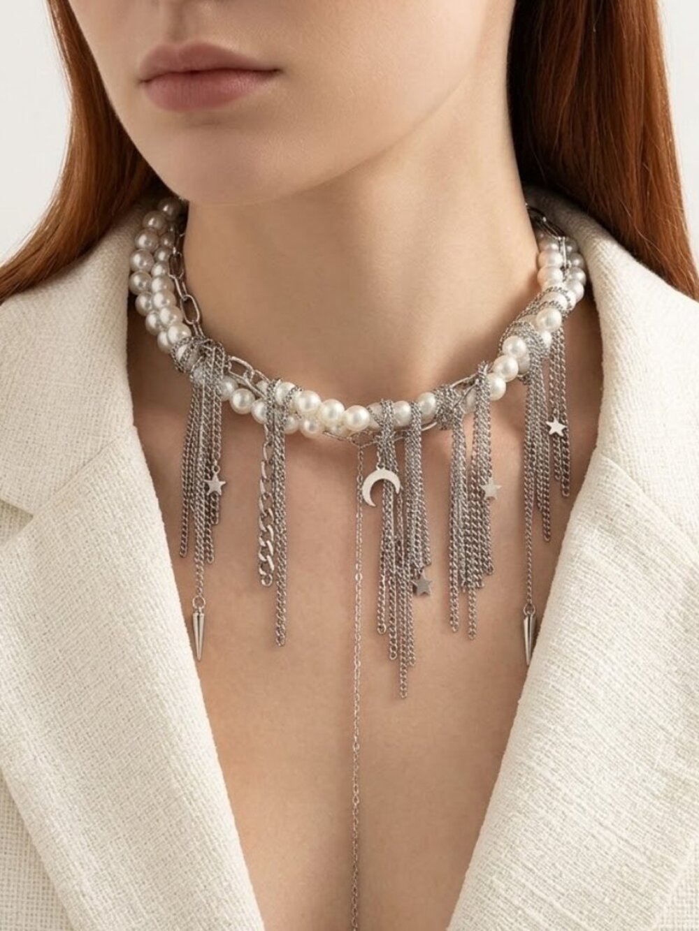 Vanguard Pearl & Layered Silver Chain Fringe Choker Statement Necklace Elevate